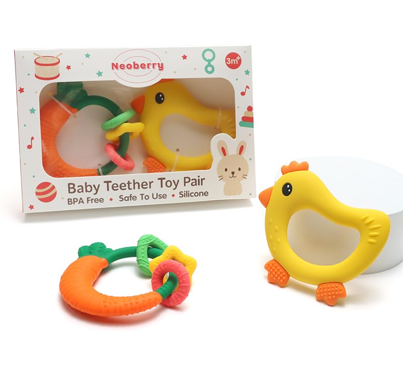 Baby Teether with Easy-Hold Handle, Silicone, BPA-Free, Soothe Sore Gums, Textured for Sensory Development, Teethable Surfaces - Baby Teething Toy for 3 Months & Up (Carrot and Chicken)