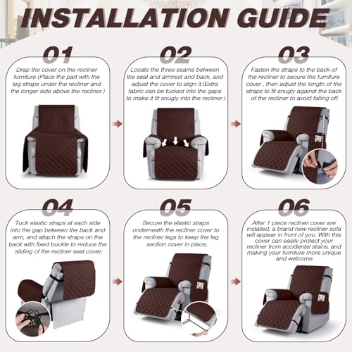 Image of TAOCOCO 100% Waterproof Recliner Covers, Recliner Sofa Covers with Leg Straps, Reversible Recliner Couch Cover for Reclining Chair, Washable Couch Protector for Pets Kids(1 Seater 25 inch, Coffee)