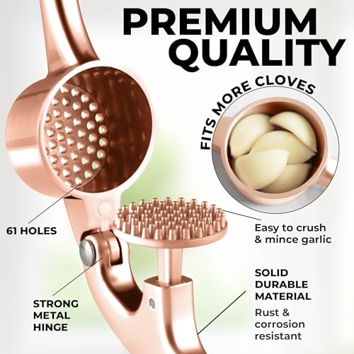 Image of Zulay Kitchen Large Premium Garlic Press Set - Bigger Bowl for Bigger Garlic - Rust Proof Garlic Mincer Tool - Easy-Squeeze, Easy-Clean Silicone Garlic Peeler & Brush (Rose Gold)