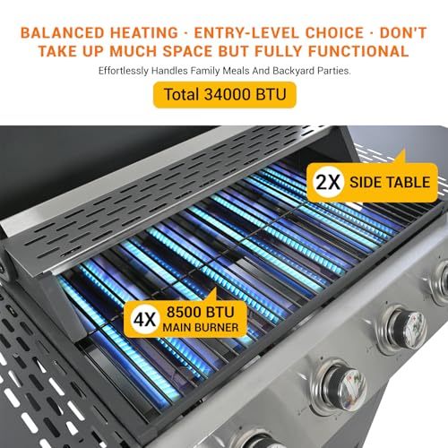 Image of EUHOME 4-Burner Stainless Steel Gas Grill | 34,000 BTU Total Output & 421 sq.in Cooking Area | Powerful Even-Heat System for Large Family BBQs & Backyard Parties