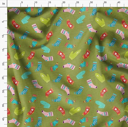 Image of Soimoi Green Polyester Crepe Fabric Socks & Gloves Folk Art Printed Craft Fabric by the Meter 42 Inch Wide
