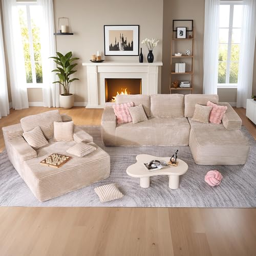 Image of HOOOWOOO Cloud Sectional Couches for Living Room,Modular Sectional Sofa No Assembly,Plush Corduroy Large Floor Couch Furniture Set with Deep Seat Right L Shape and Chaise Lounge(Beige)