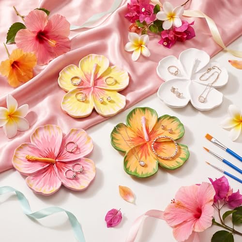 Image of Zubebe 6 Set Ceramics to Paint Hibiscus Flower Jewelry Tray Kit Ready to Paint Ceramics Ring Dish Holder DIY Unpainted Plates Trinket Dish Tray Crafts with Brush Palette for Valentine Wedding