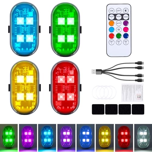 4PCS Wireless LED Lights with Remote Control Upgraded 4LEDs 8 Colors Interior Underglow Anti Collision Warning Strobe Light for Car Motorcycle Bike Drone Aircraft