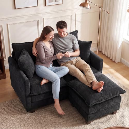 Image of 50'' Loveseat Sofa Set with Ottoman, Small Couch Set 2 Piece Cloud Love Seat 27 inch Deep Seat Washable Pillows Couches for Small Spaces Apartment Living Room, Black