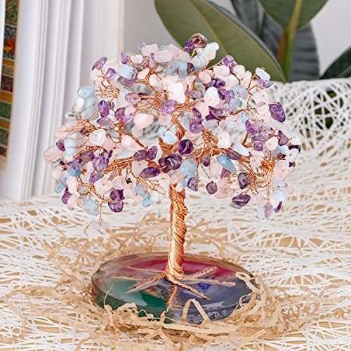 ZenBless 7 Chakra Healing Crystals Stones Tree, Amethyst Pink Aquamarine Leaf Wire on Natural Agate Slice Base House Warming Feng Shui Decoration Luck Gifts for Women Mom Birthday Valentine's Day - Image 7