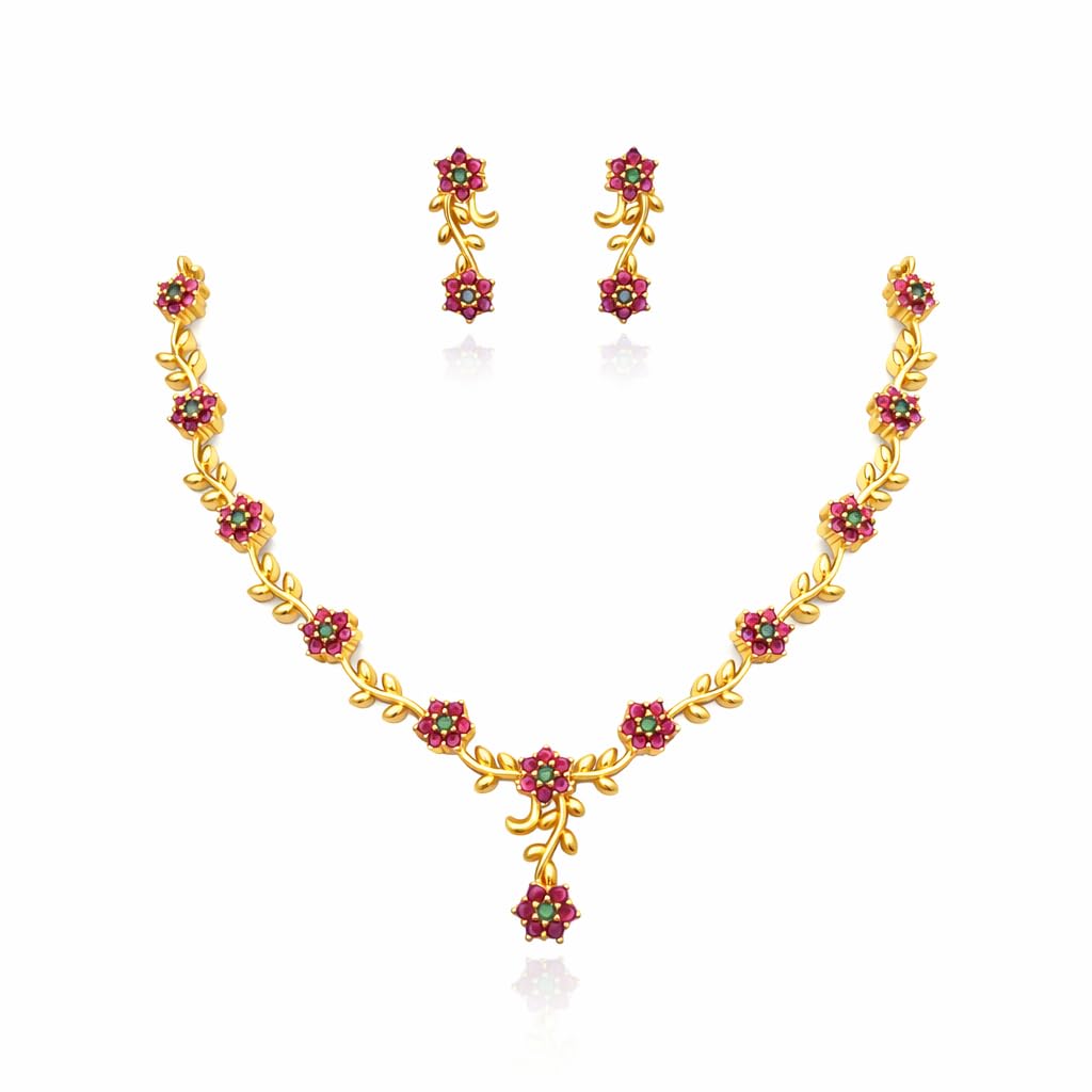 Jewellery Set for Girls and Women | Necklace with Matching Earrings | Micro Gold-Plated | AD CZ Stone Studded | Great for Traditional Outfits and Special Gatherings (Red & Green)