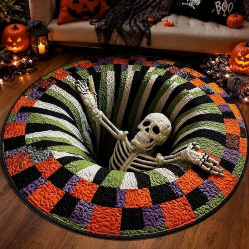 Image of 3D Halloween Rug, Ghost Skeleton vortex quilted 3D Optical Illusion Rugs | Candy Corn Abyss Quilted Round Mat with Spooky Depth Design Crystal Velvet Soft & Durable Fabric Non-slip(24INCH skull)