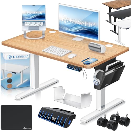 KESSER® Höhenverstellbarer Schreibtisch elektrisch 100cm x 60cm | Ergonomisch Steh-Sitz Schreibtisch | 3-Funktions-Memory Steuerung | Inkl. 360° Rollen & USB-Ladeanschluss Computertisch für Homeoffice