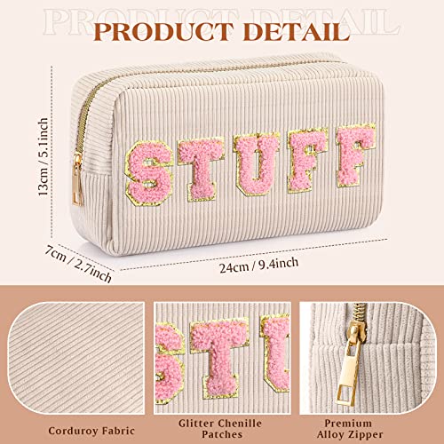 4 Pcs Preppy Patch Makeup Bag Corduroy Cosmetic Bag Makeup Accessories Skincare Pouch Chenille Letter Portable Zipper Face Pouch Cute Toiletry for Women Travel(Pink, Brown Series Color)3