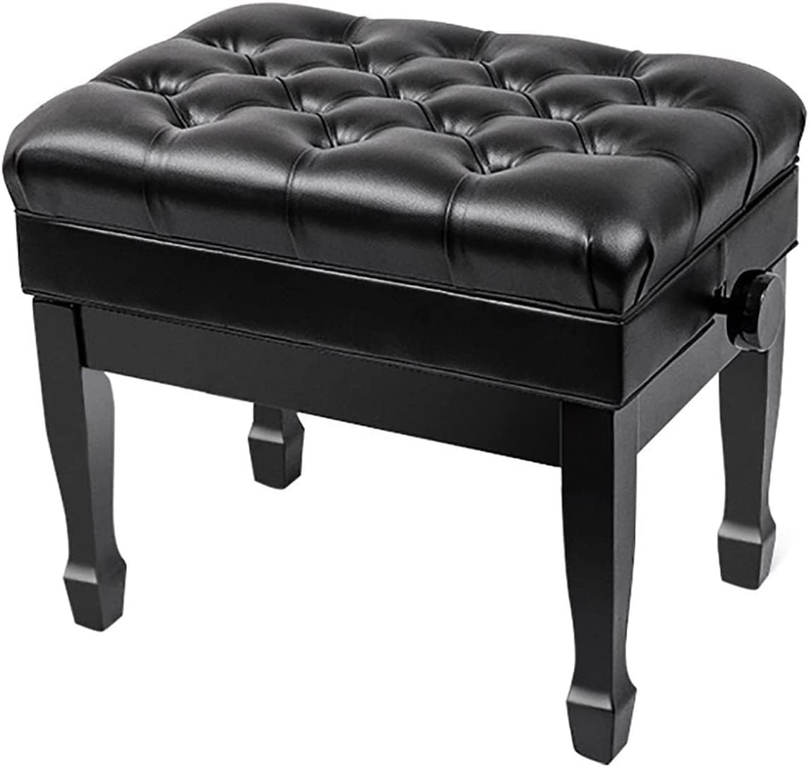 Panca per pianoforte in pelle con gambe in legno massello e cuscino imbottito, sgabello regolabile per pianoforte artista, 58 x 41 x 53 63 cm (nero/marrone)