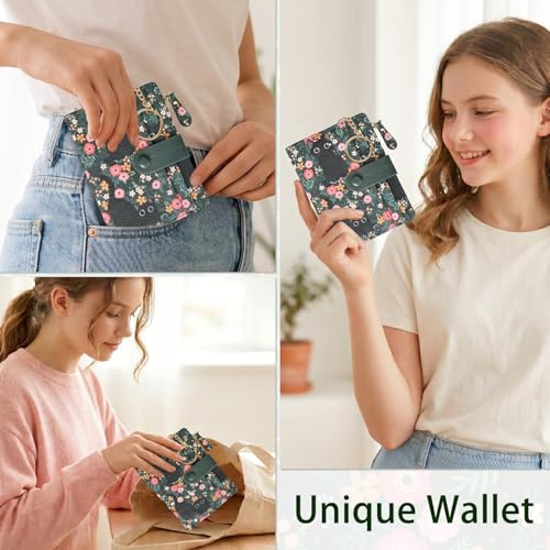 Image of COSHAYSOO Wallet for Women Ladies RFID Blocking-Compact Bifold Coin Purse with Card Slots ID Window Zipper Pocket-Waterproof PU Leather Mini Wallet with Keychain Hook-Floral Cat Design