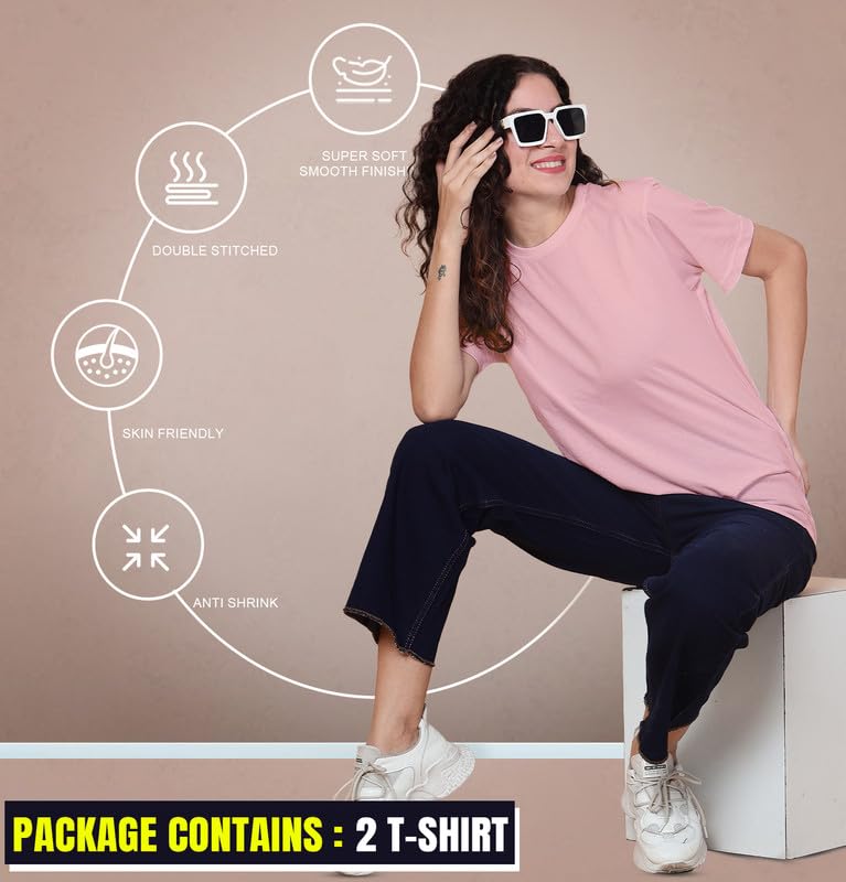 Image of Sleepynuts Women's S to 3XL Premium Half Sleeve Round Neck Plain Combed Cotton Tshirt Pack of 3 Loose Fit T-Shirts Combo