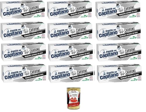 Pasta del Capitano Dentifricio Carbone pasta de dientes activada carbón vegetal blanqueador natural en pasta negra 12 x 100 ml + polpa italiana gourmet 400 g