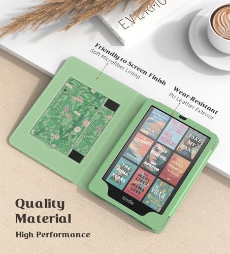 Image of MoKo Case for 7 inch /6.8 inch Kindle Paperwhite(12th /11th Generation-2024 /2021) and Colorsoft Signature Edition,Tolino /boox go 7, Slim PU Shell Cover Case with Auto-Wake /Sleep, Green Flower