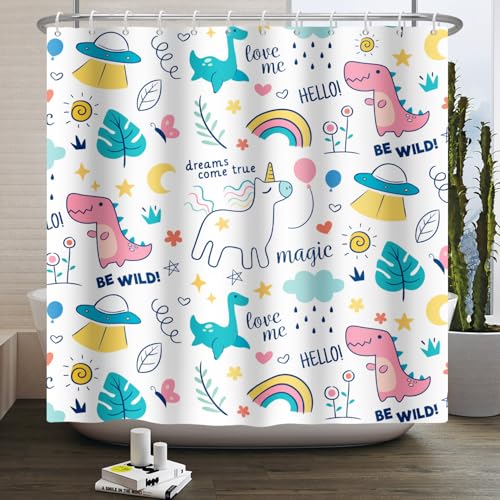 Umpoo Dreamy Theme Bathroom Shower Curtain Cartoon Dino Dinosaur Rainbow