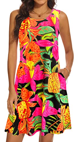 Image of Summer Dresses for Women 2026 Casual Sundresses Beach Cover Ups Sleeveless Tshirt Swing Dress with Pockets