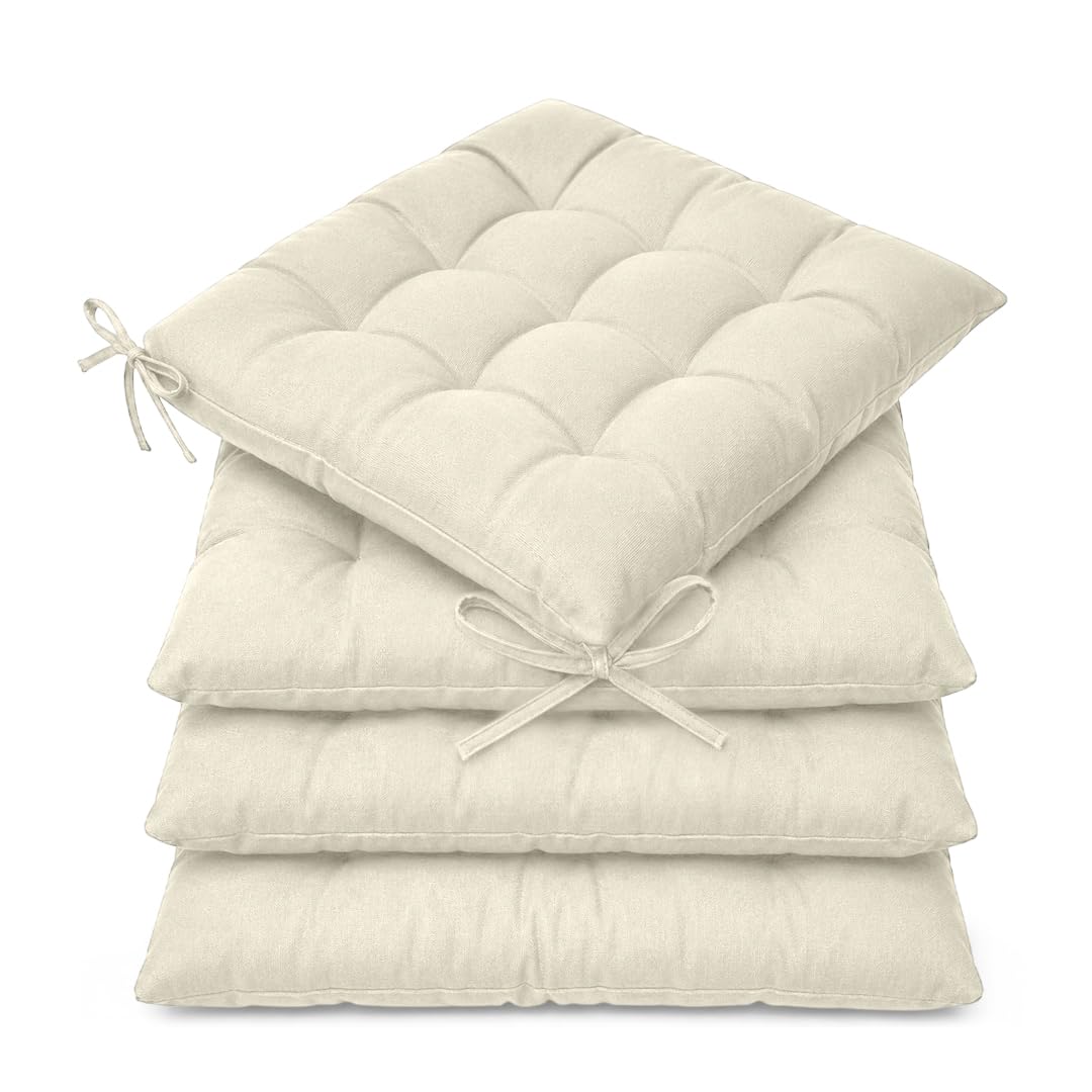 Casabella Pack of 4 Seat Pad for Dining Chair Garden Kitchen Chair Cushion With Tie On_9 Stitch_Ivory Indoor/Outdoor Comfortable chair pads for Kitchen seat pads 9 stitch cushions โ image 1