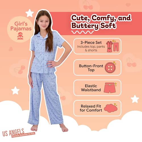 Image of US Angels Girls Pajama Set 3 Piece, Short Sleeve Button Down PJs with Shorts & Pants, Soft Sleepwear Girls & Tweens Size 5-16