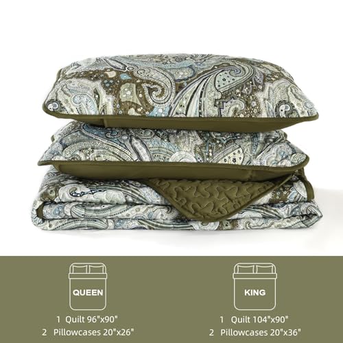 Green Paisley Quilt Set King Size Boho Bedspread Coverlet Set 3 Pieces, Soft Lightweight Microfiber Dark Olive Green Paisley Floral Pattern Bedding Set for All Season, 110''x90'' - Cosy Home Interiors Green Paisley Quilt Set King Size Boho Bedspread Coverlet Set 3 Pieces, Soft Lightweight Microfiber Dark Olive Green Paisley Floral Pattern Bedding Set for All Season, 110''x90'' - Image 8