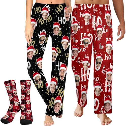 Custom Pajama Pants with Photo for Men Women Personalized Photo Funny Face Pj Bottoms Sleepwear Trousers Socks