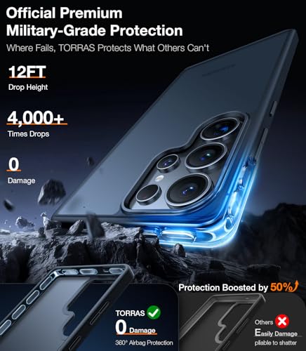 Image of TORRAS Shockproof for Samsung Galaxy S25 Ultra Case, 12FT Military-Grade Protection, Slim Case for Samsung S25 Ultra Case, Matte Translucent Black, Thin, 6.9'' Guardian Series