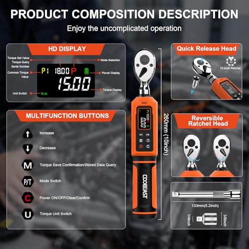 Image of coobeast Digital Torque Wrench, 3 /8 Drive Electronic Torque Wrench Set with Preset Value(0.66-44.29 Ft-lbs. /0.9-60Nm), Buzzer and LED Flash Five Units of Measure Torque Wrench for Bicycle, Bike