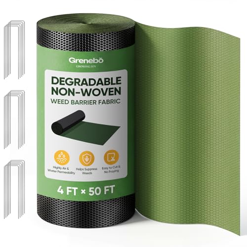 Grenebo Weed Barrier Fabric 4FT x 50FT Non-Woven Landscape Fabric Easy to Cut & Fray-Resistant Breathable & Permeable Landscaping Fabric with 15 Stakes for Gardens Flower Beds Vegetable Plots