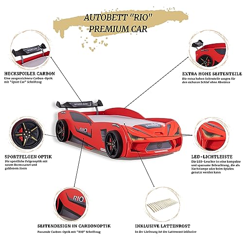 Aileenstore Autobett Kinder Kinderbett Rio 90x200 Rennwagenbett inkl. Lattenrost LED-Leuchte Spoiler (ohne Matratze, Rot ohne Sportsitze)