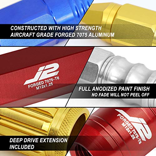 Image of J2 Engineering 16Pcs 7075 Aluminum Open End M12 x 1.25 Lug Nuts w /4Pcs Lock Nuts & Key, Red, Fit Conical Seat, LN-T7-010-125-RD