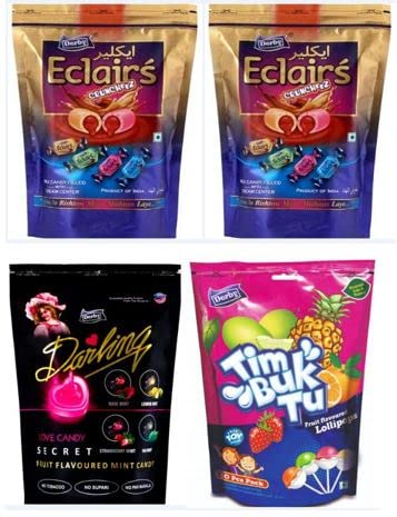 Pack of 4 -Tim Buk Tu Mixed Fruit Lollipop (1 Pack), Assorted Eclairs (2) and Darling Secret Assorted Candy (1 Pack)/ Birthday Party/Return Gifts to Your Family & Friends