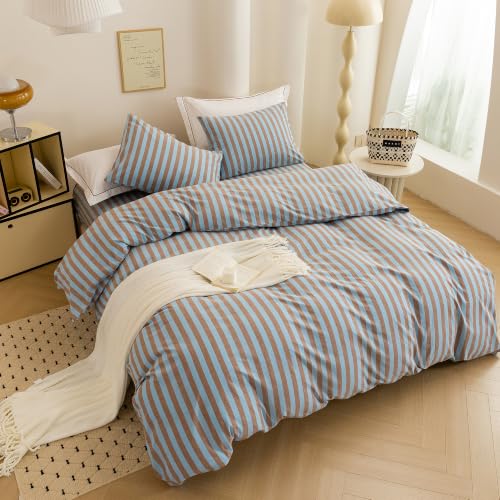 Image of Retro Blue Brown Striped Duvet Cover Set, Soft & Comfortable Durable King