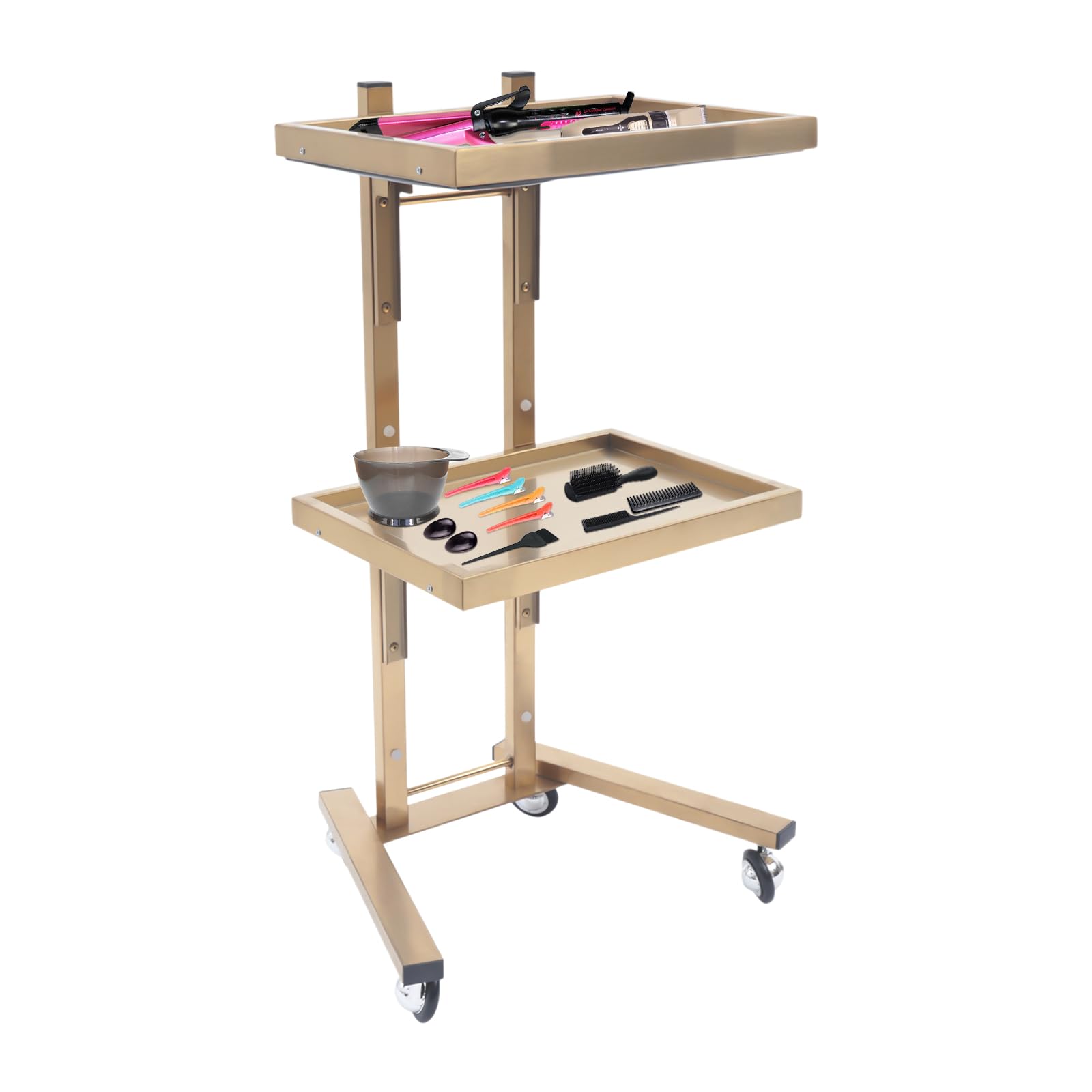 2-Tier Metal Salon Rolling Cart with Wheels, Foldable Stainless Steel Rolling Storage Trolley Tray Utility Esthetician Cart for Beauty Spa Home Kitchen