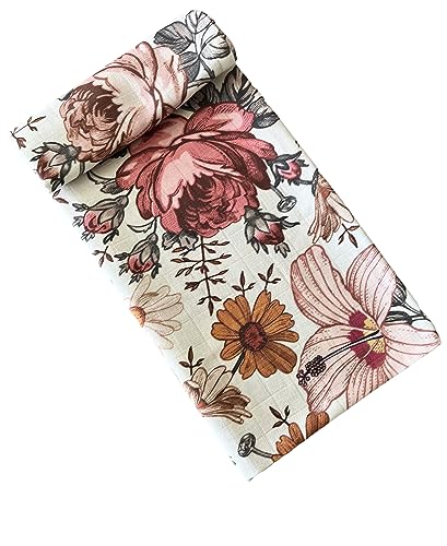 Image of Flower Muslin Swaddle Blanket I Rose Newborn Baby Girl Receiving Blanket Organic Cotton Baby Wrap