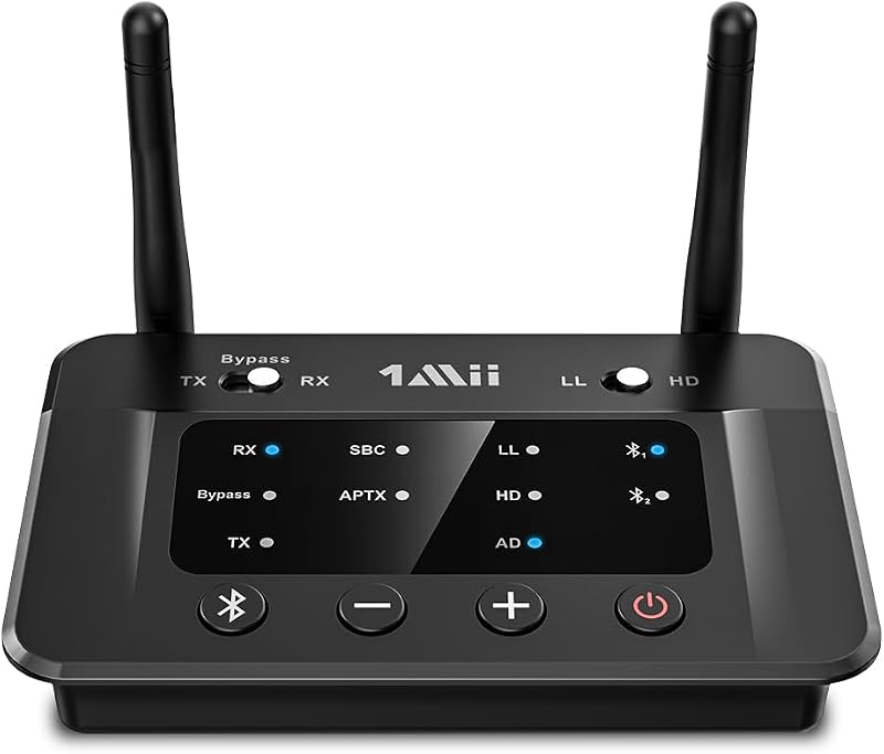 1Mii B03 Bluetooth 5.0 adó-vevő TV-hez - 50m hatótáv, kettős kapcsolat, HiFi hangminőség, alacsony késleltetés, optikai és AUX csatlakozás