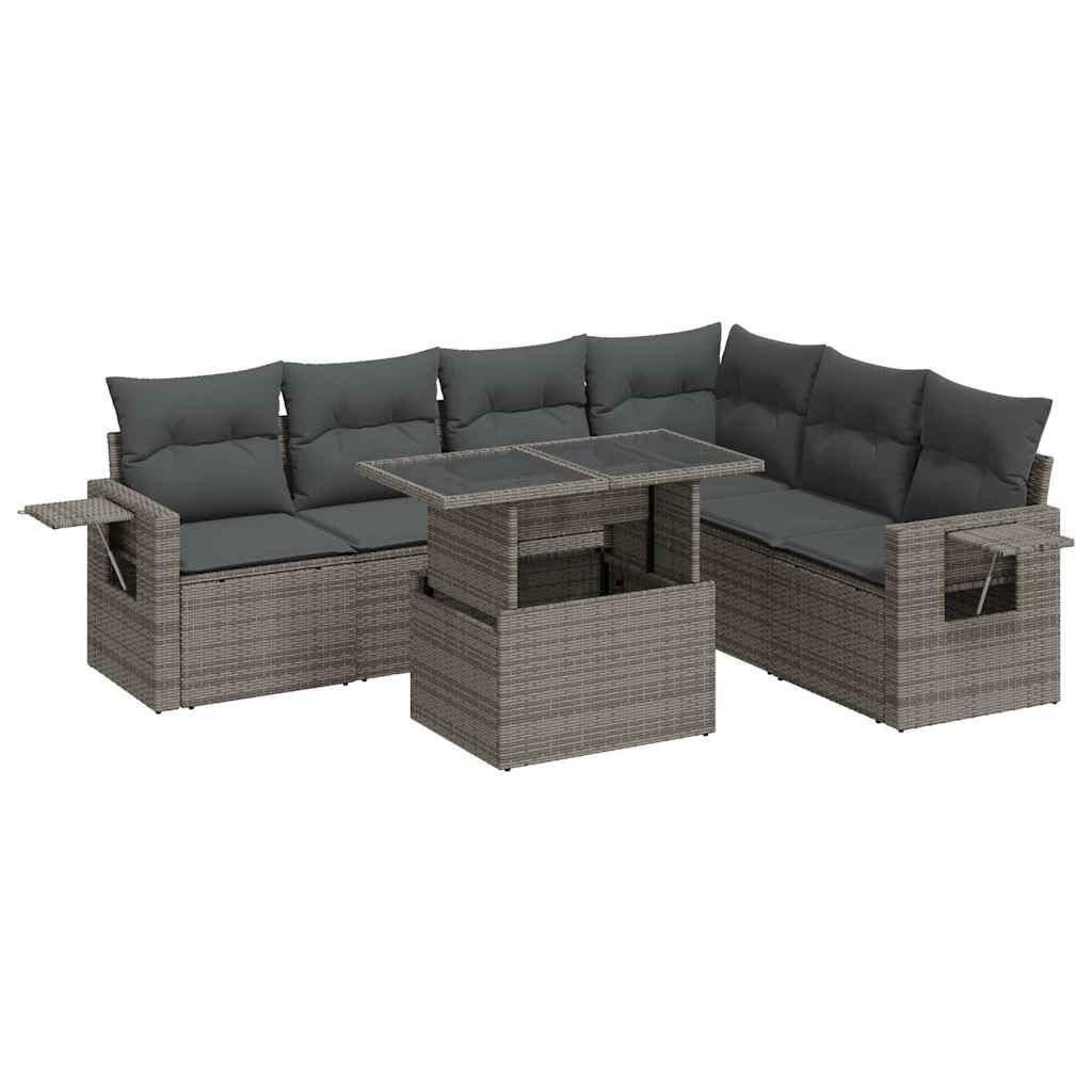 Divano da Giardino 7 Pezzi, con Custodia Integrata per Cuscini, Tavolo Regolabile in Altezza, Polyrattan PE Grigio su Struttura in Acciaio, Cuscini Sfoderabili e Lavabili, per Esterno, Terrazza e Pati