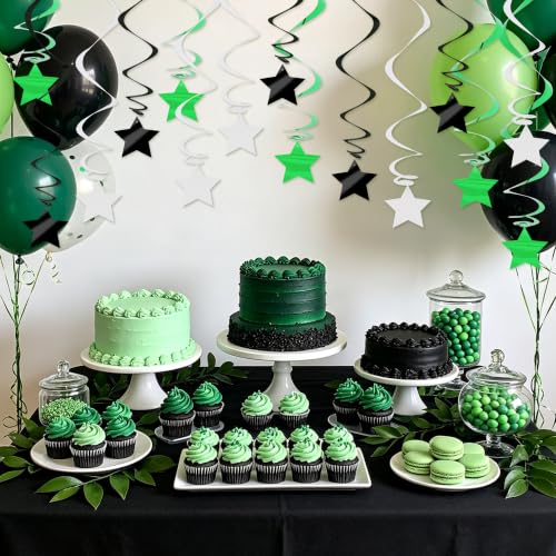 Image of BEISHID Green and Black Stars Hanging Swirls Pre-Strung Stars Hanging Decorations for Wedding Baby Shower Bridal Graduation Green Birthday Decorations Supplies,Pack of 15
