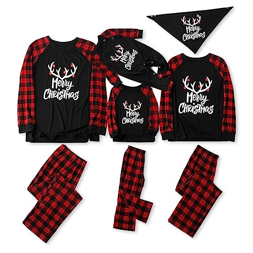IFFEI Family Matching Pajamas Sets Christmas PJ's with Letter and Plaid Printed Long-Sleeve Tee and Bottom Loungewear 6-7 Y Black