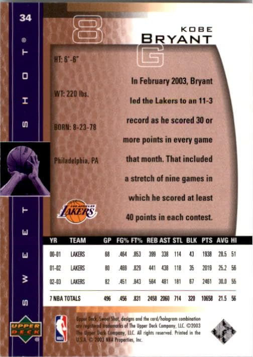 Amazon.com: 2003-04 Sweet Shot #34 Kobe Bryant NBA Basketball