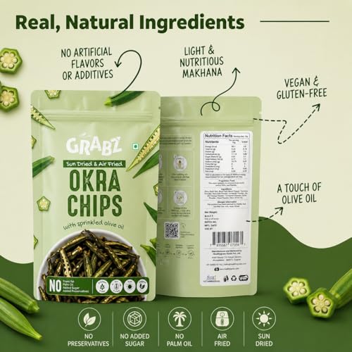 Image of GRABZ Crispy Bhindi Okra Chips| Air-Cooked, Solar-Dehydrated | Low Calorie Snacks - Roasted , Namkeen - No Transfat Diet| Gluten Free, Low Gi, No Cholesterol & Dried Vegetables chips | High Fiber, Olive Oil & Spicy Garlic Masala Flavor | 20g Each (Pack of 3)