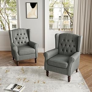 Uixe high back accent chairs set of 2 upholstered armchair in fabric retro wingback arm chair for living room comfy single sofa bedroom reading seat with solid wood legs dark gray  urban country home decor