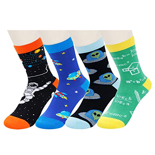 SOCKFUN Boys Crazy Funny Math Space Alien Cotton Crew Socks 4 Pack For Kids