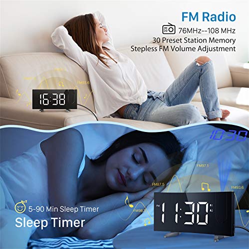 PICTEK Projection Digital Clock Radio for Bedrooms Ceiling with USB Phone Charger, 5'' Large Curved LED Display, 6 Dimmer, Dual Alarms with 4 Sounds, Snooze, 1.white - Thumbnail 7