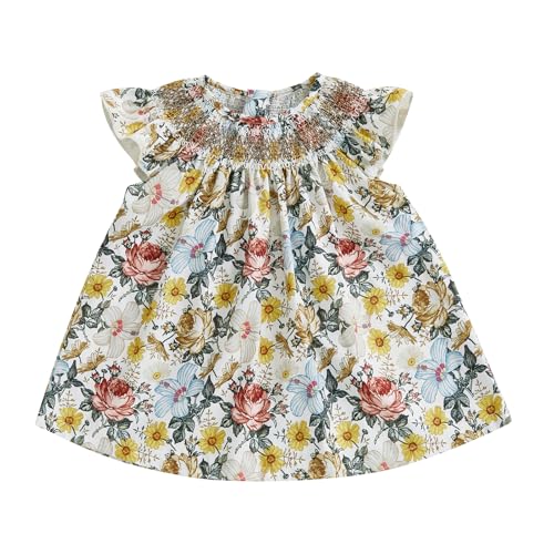 Toddler Girls Summer Dress Casual Floral Print Smocked Fly Sleeves A-Line Dress Sundress Princess Dress