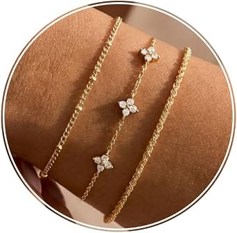 HANLI 3Pcs 14K Gold Plated/Silver Bracelets for Womens Bracelet Set | Stackable Layered Design,Mixed Chain Sets,Tarnish-Resistant,Nickel-Free,Brass Base, Hypoallergenic Material,Gift Package