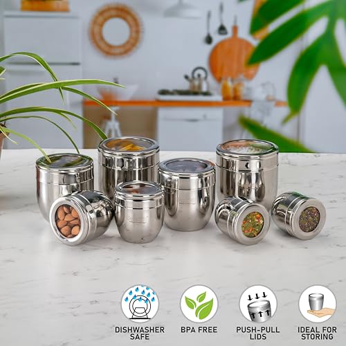 Image of Sumeet Stainless Steel Conical Shape Canisters /Dabba /Storage Containers for Kitchen with See Through Lid, Set of 8 Pcs, (150ml-6cm Dia-2Pc, 250ml-7cm Dia-2Pc, 400ml-8.5cm 2Pc, 500ml-9cm 2Pc)- Silver