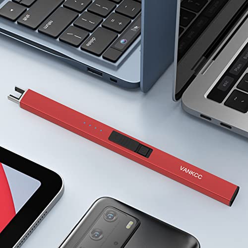 Image of Electric Candle Lighter - USB Rechargeable Arc Lighter for Camping, Family Use, BBQs - LED Battery Display, Safety Switch, Flameless, Windproof (Red)