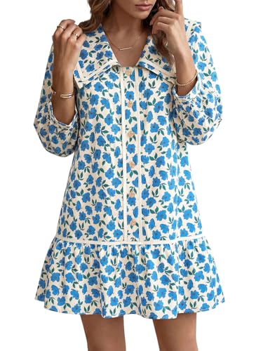 Image of Wenrine Womens Casual Shirt Dresses 3 /4 Long Sleeve Floral Button Down Flowy Babydoll Fall Mini Dress