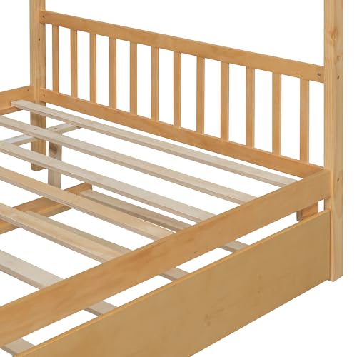 Image of Full Size Creativity House Bed with Roof Frame and Twin Size Trundle, Montessori Wooden Platform Bed with Sturdy Slats Support for Kids Teens Girls Boys, No Box Spring Needed (Natural-02, Full)