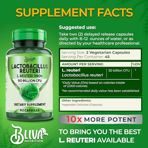 Image of BLIVA Lactobacillus Reuteri Capsules - L Reuteri - 50 Billion CFU per Serving - Highest CFU Count L Reuteri Supplement - 90 Capsules